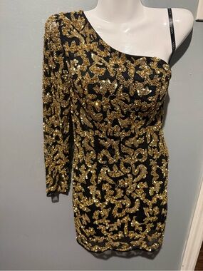 Amarra Black Gold Sequin One Shoulder Beaded Cocktail Prom Mini Dress 87431 4